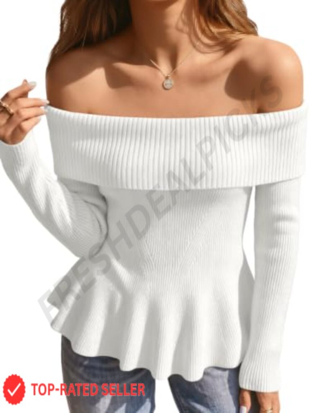 Women's Off Shoulder Babydoll Sweater Ribbed Knit Pullover